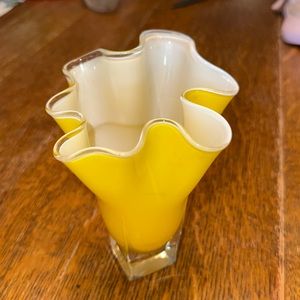Mid-Century Modern Yellow Handkerchief Ruffle Art Glass Vase Murano Style